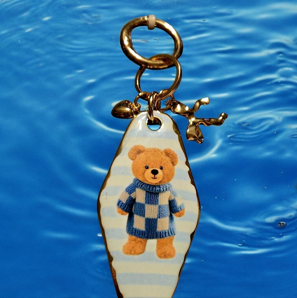 NEW Piper K Blue and Gold Teddy Bear Bag Charm Keychain NWT - Picture 3 of 3